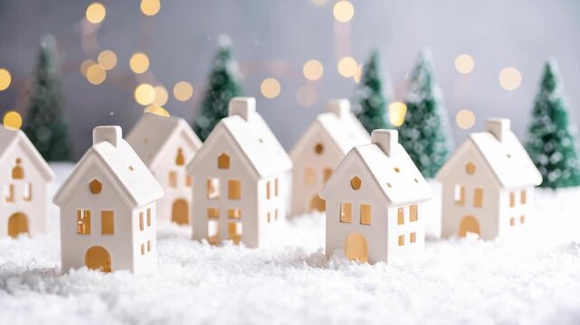 Ceramic village houses with warm glow in snow and bokeh lights