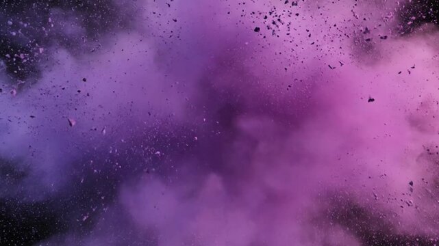 Super slow motion purple powder explosion floating on black background with cinematic particle detail abstract color cloud for premium stock visuals high  artistic design for holi and holika dhan