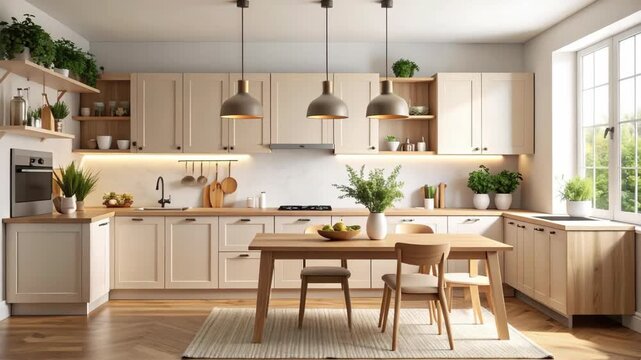 Modern Scandinavian kitchen with light wood cabinets, dining table, and abundant green plants