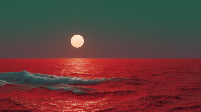 A cinematic extraterrestrial seascape featuring a vast, deep red ocean with small white waves under a dark teal sky and a glowing white sun on the horizon.