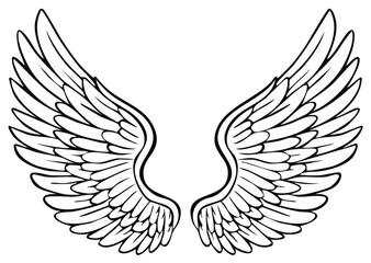 Pair of symmetrical white feathered angel wings outstretched and spread open, drawn in outline style