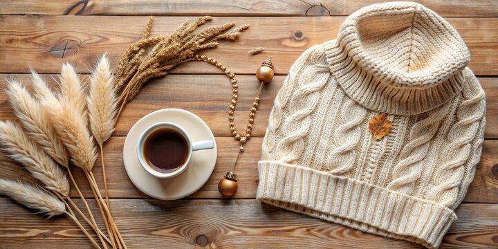 Cozy autumnal scene featuring a warm cable knit sweater, a cup of coffee, dried flowers, and gold accents.