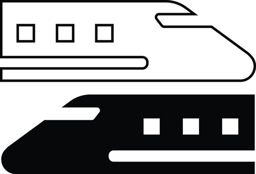 Stylized black and white icons of a high-speed bullet train, depicting modern rail transport.