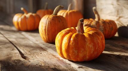 Several small orange pumpkins are sitting on a rustic wooden table outside