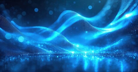 Naklejka premium Abstract blue waves, glowing particles, digital landscape. Bright light radiates from depths, creating futuristic scene.