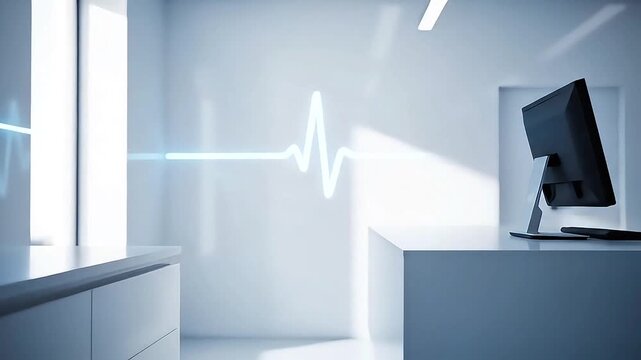 Modern office space with computer monitor on desk and heartbeat graph on wall in bright natural light