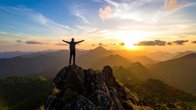 Person standing on mountaintop with arms outstretched at sunset over misty mountains