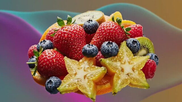 Delicious and Healthy Arrangement of Fresh Fruits with Strawberries, Blueberries, Kiwi, and Carambola Star Fruit Against Abstract Background