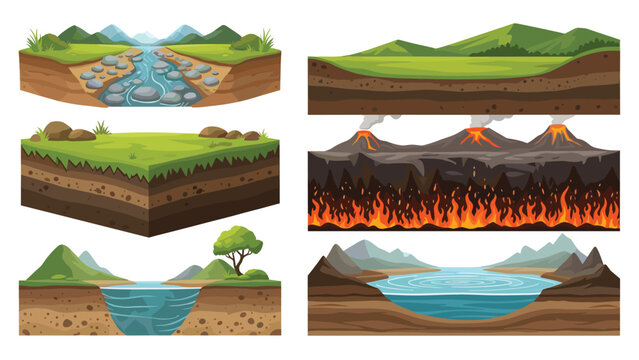 Collection of cross-section illustrations depicting diverse natural landscapes and geological features, including rivers, lakes, and volcanoes.