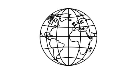 A detailed black and white illustration of the Earth from space showing continents and grid lines