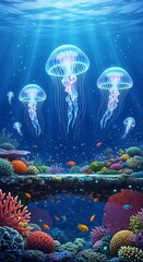 Vibrant jellyfish swim in ocean depths.