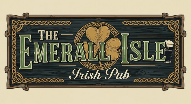 Vintage wooden sign for the emerald isle irish pub with shamrock and celtic knotwork on beige background