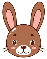 Cute cartoon brown bunny head. Adorable smiling rabbit face illustration for kids.