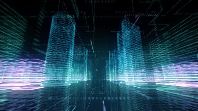 Futuristic Digital City Skyline With Data Streams, Network Visualization And Neon Tech Architecture; Looping