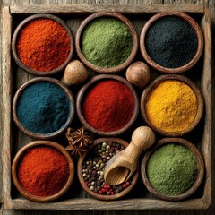 Top view of assorted colorful spices and herbs including chili powder, turmeric, and matcha arranged in wooden bowls within a rustic box. Culinary ingredients concept