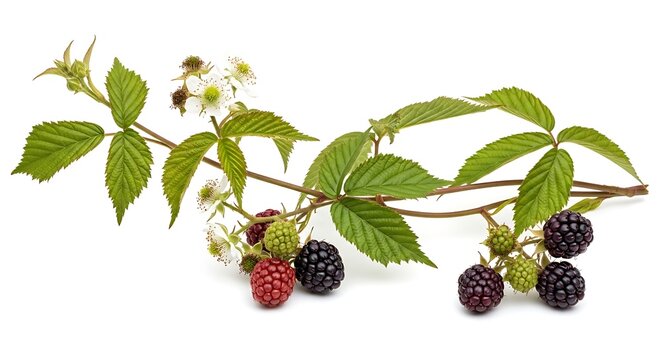 Blackberry Branch with Ripe Fruit and White Flowers on White Background.