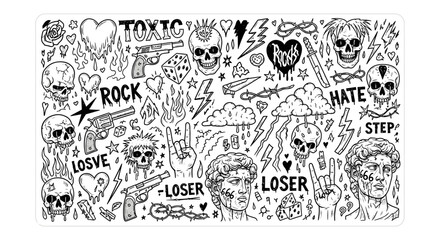 Obraz premium punk rock doodle art collection featuring skulls guns lightning hearts and grunge ideal for alternative culture and design.