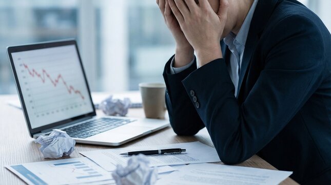 Professional facing overwhelming financial crisis and market downturn, showing immense distress at an office desk with a clear falling graph