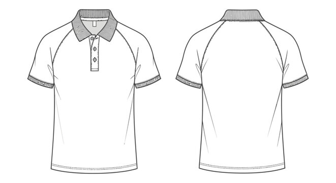 polo shirt technical drawing with raglan sleeves and ribbed collar displaying front and back views for apparel design and fashion flats