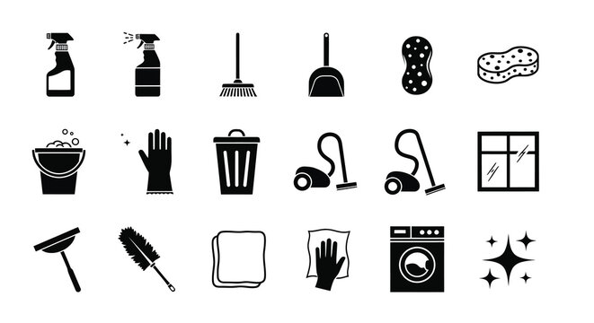 Black cleaning supplies and tools depicted in a simple silhouette