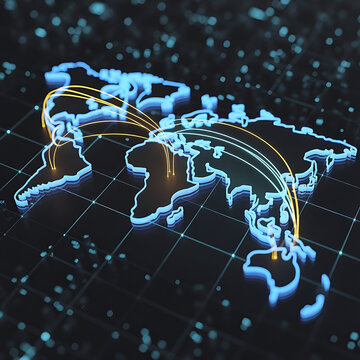 3D glowing world map with illuminated trade routes and cargo shipping paths across oceans digital logistics network concept on dark tech background cinematic lighting
