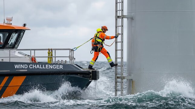 Wind Farm Service Technician Transferring from Crew Vessel to Turbine for Maintenance Works