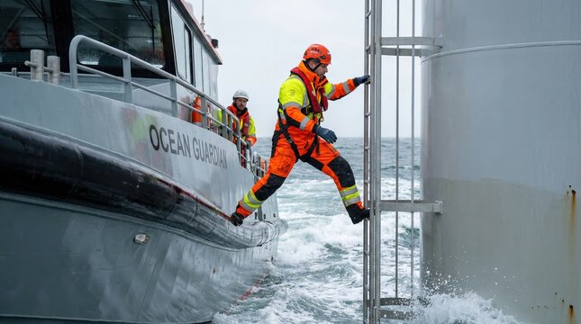 Wind Farm Service Technician Transferring from Crew Vessel to Turbine for Maintenance Works