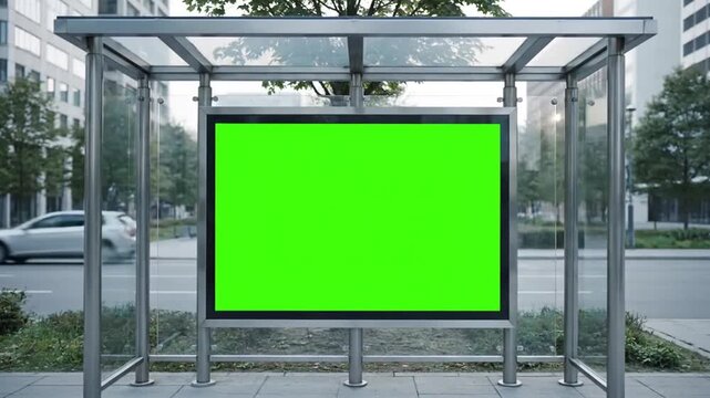 A green screen billboard in a modern city bus shelter with a silver metal frame and glass panels on a sidewalk.