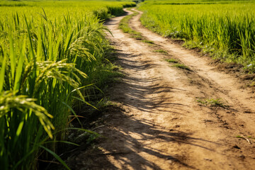 Fototapeta premium Dirt road path through lush green paddy field for rural landscape and farming travel