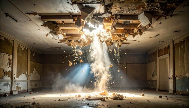 Crumbling plaster falling from a water-damaged ceiling onto a dusty floor, illuminated by dim, ambient light, showcasing FlyPro Firefly's focus on structural damage.