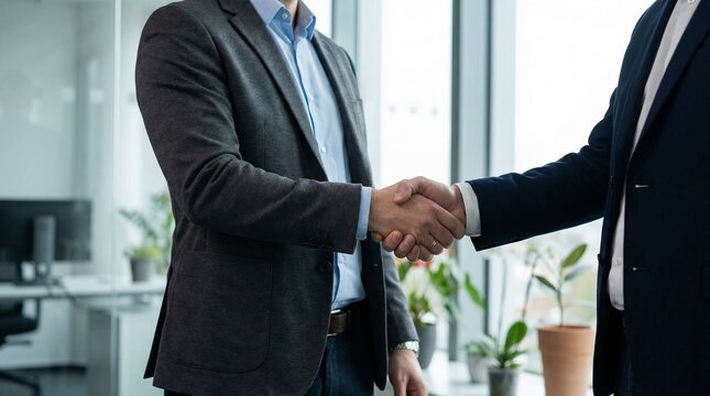 Two businessmen in suits shaking hands in a modern office setting, symbolizing agreement and partnership