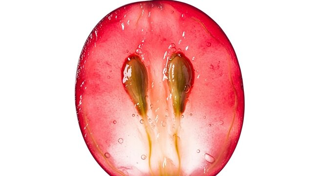 Closeup macro view of a red grape cut in half revealing seeds and juicy pulp.