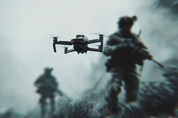 Dramatic scene of modern warfare with a drone hovering between a  soldier in combat, capturing tension, strategy, and futuristic battlefield technology.