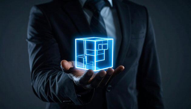 Businessman presenting futuristic glowing cube in hand