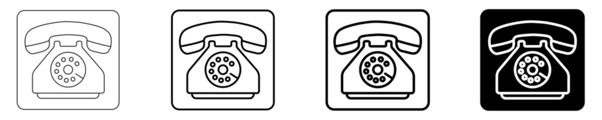 Set of classic rotary telephone icons, showcasing vintage communication devices with a dial pad in various outline and filled styles for retro technology and contact symbols. © MstJamila