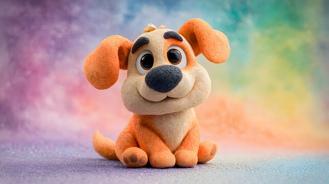 A cute clay anime style dog with big eyes and floppy ears sitting on a textured surface with a colorful background