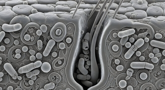 Microscopic view of human skin with bacteria and hair follicle, detailed scientific 3d render, educational and medical reference