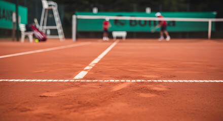 Tennis court with players and umpire on clay surface during match with green advertising boards