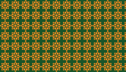 Seamless green and orange floral geometric pattern vector, editable ethnic mandala ornament for traditional textile, wallpaper and tile design.