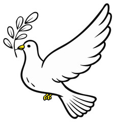 Obraz premium White dove flying with a green olive branch in its beak representing peace and hope