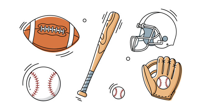 Collection of various sports equipment including an american football baseball bat helmet and leather catcher glove.