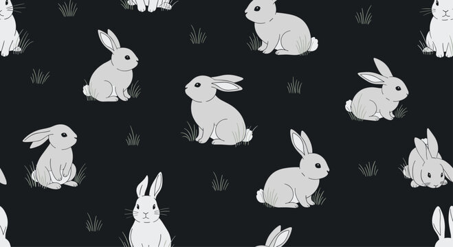 Seamless pattern of cute white and grey rabbits hopping among tufts of grass on a dark black background surface.