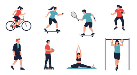 Fototapeta premium Diverse group of active people engaging in various sports including cycling, skateboarding, tennis, boxing, yoga, and skating.