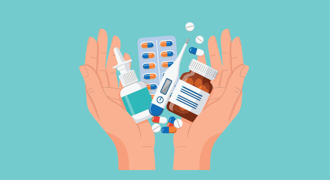 Hands carefully cradling a collection of medical supplies including capsules, syrup, nasal spray, and digital thermometer on blue.