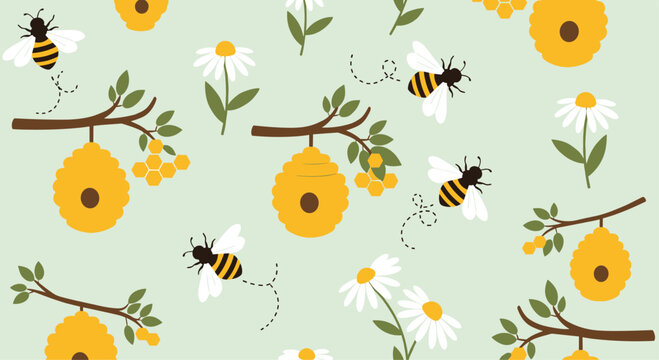 Charming seamless pattern featuring cute cartoon bees, hanging honey beehives on tree branches, and beautiful white daisy flowers.