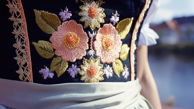 Traditional dress featuring intricate floral embroidery on bodice and flowing skirt, displayed in a scenic outdoor setting with soft natural lighting