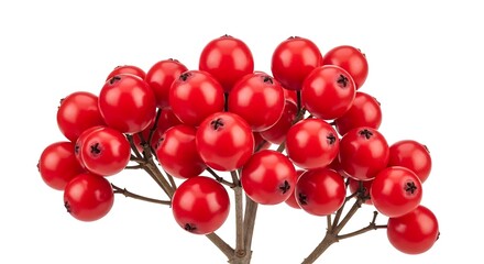 Cluster of Vibrant Red Berries on Thin Branches Isolated on White Background.