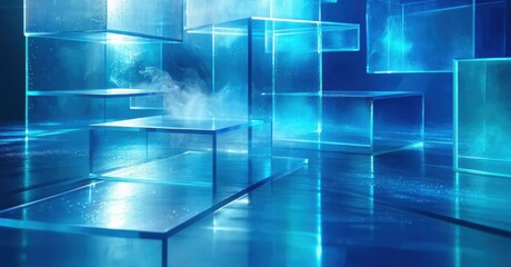 Obraz premium Abstract geometric shapes, glowing blue light, digital rendering. Minimalist scene evokes futuristic technology, sleek design.