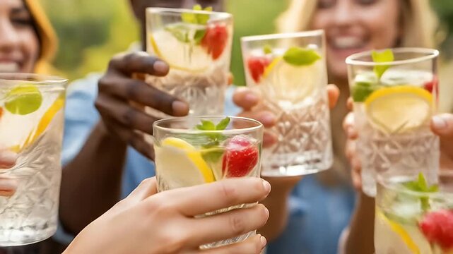 Friends toasting textured glasses of fruity drinks outdoors, laughing and smiling together