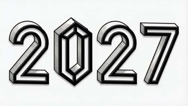 Bold black and white numbers 2027 isolated on white studio background. Volumetric numbers with acute angles. 